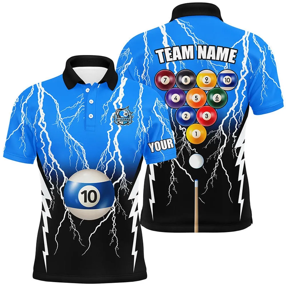 10 Ball Pool Custom Black Blue Lightning Thunder Men Polo Shirts, 10 Ball Billiard Apparel Clothing, Mens Polo Shirts, Billiards Gifts