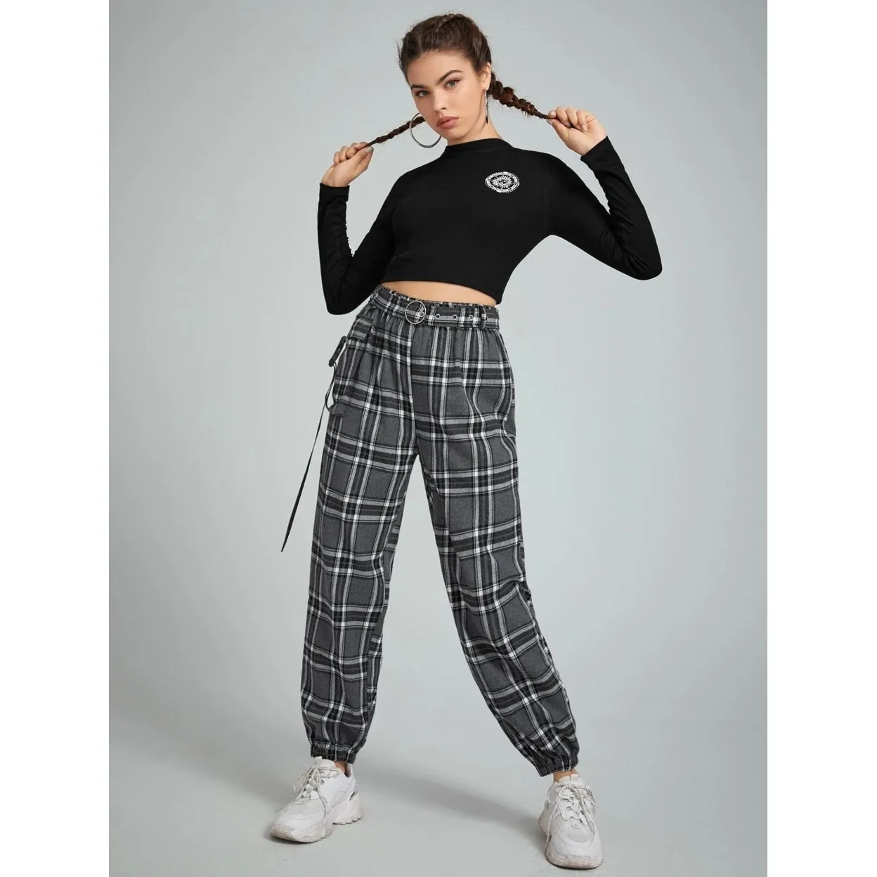 Belted Plaid Joggers