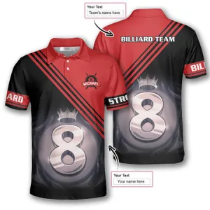 Billiard Ball 8 Red Black Custom Billiard Shirts for Men, Custom Billiard Shirts for Team, Men's Billiard Polo Shirts