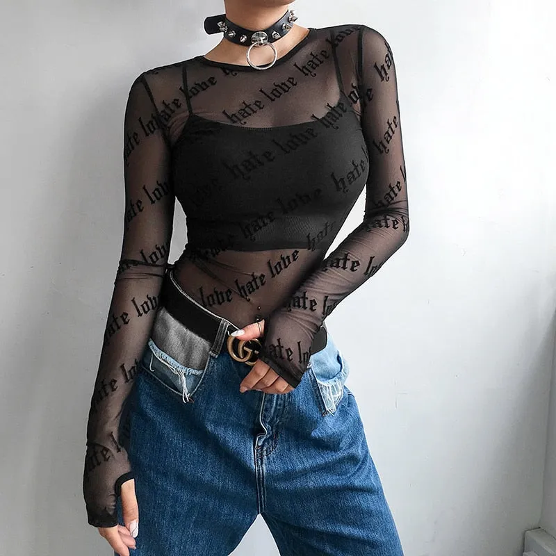 Black Transparent Sexy Summer Mesh Gothic Letter Printed Long Sleeve