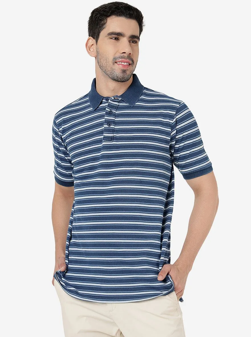 Blue Striped Slim Fit Polo T- Shirt | JadeBlue