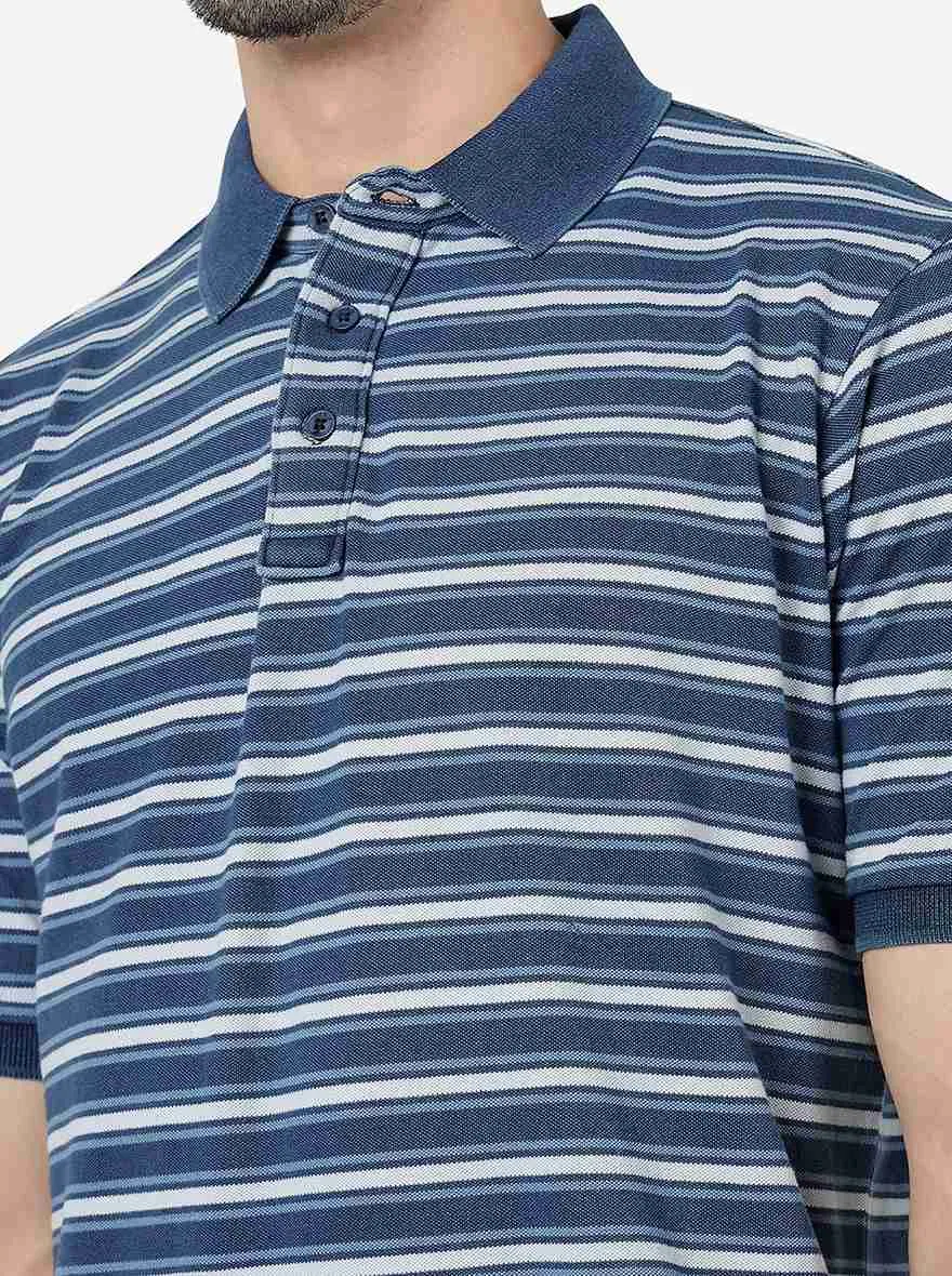 Blue Striped Slim Fit Polo T- Shirt | JadeBlue