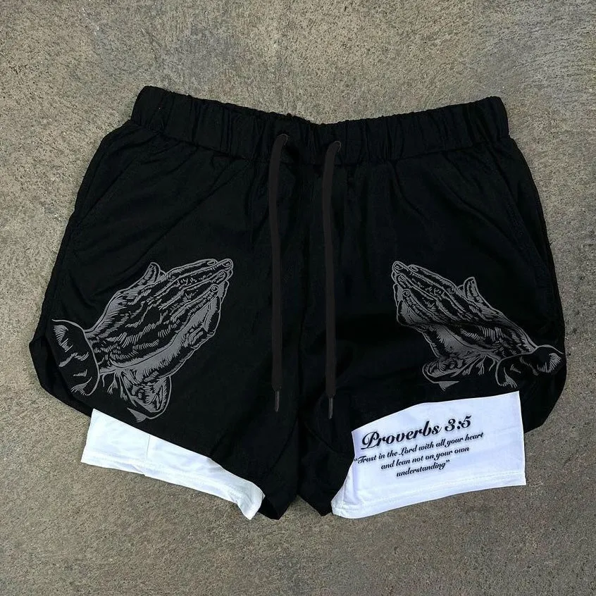 Casual Praying Hands Print Double Layer Quick Dry Shorts