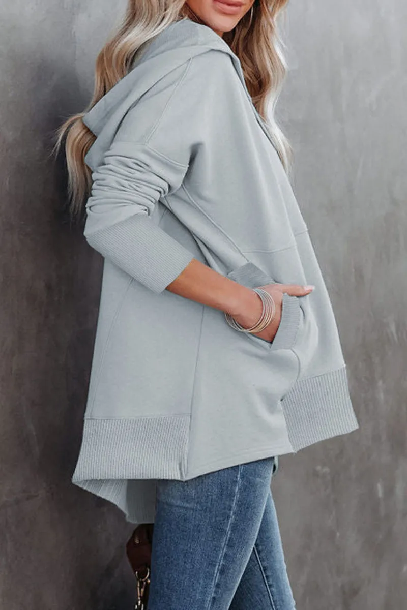 Casual Solid Pocket Buckle Hooded Collar Tops