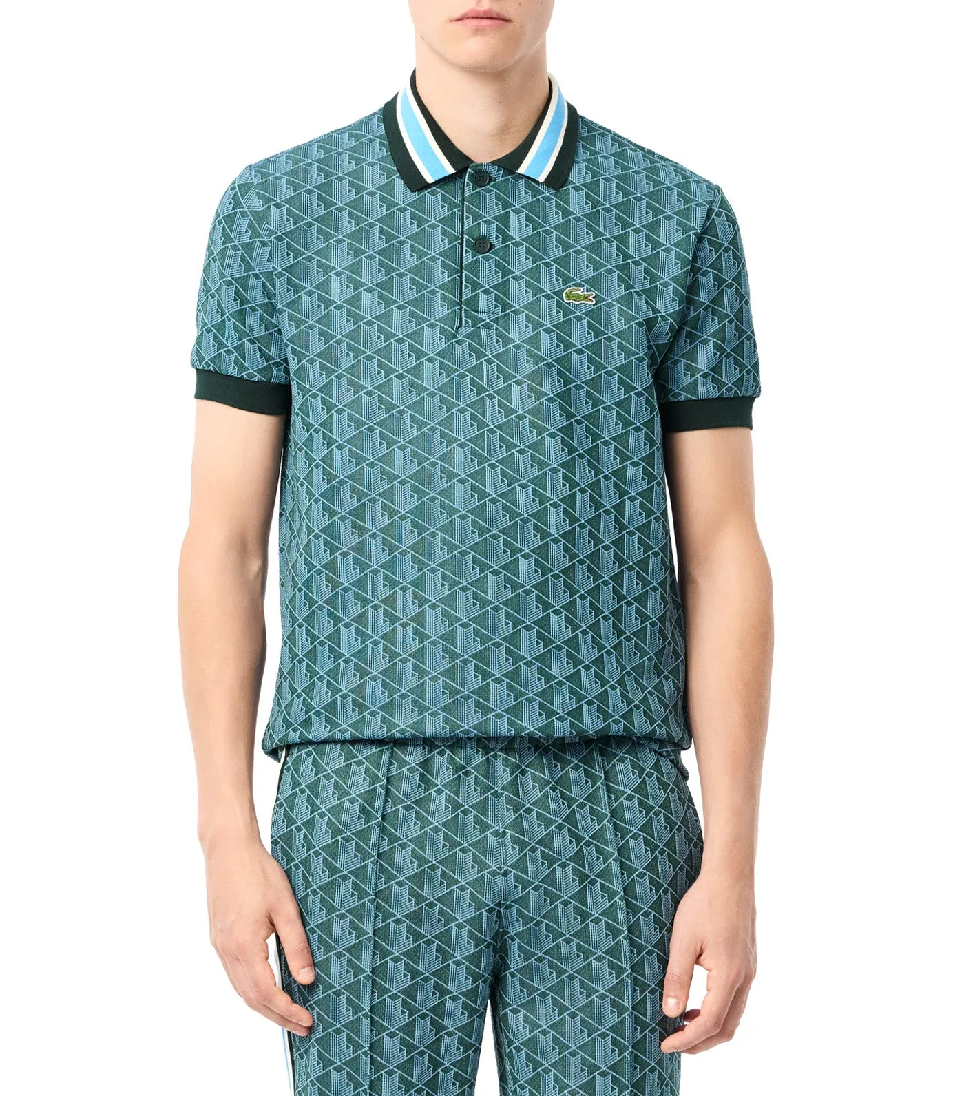 Classic Fit Contrast Collar Monogram Motif Polo Shirt Green/Argentine Blue