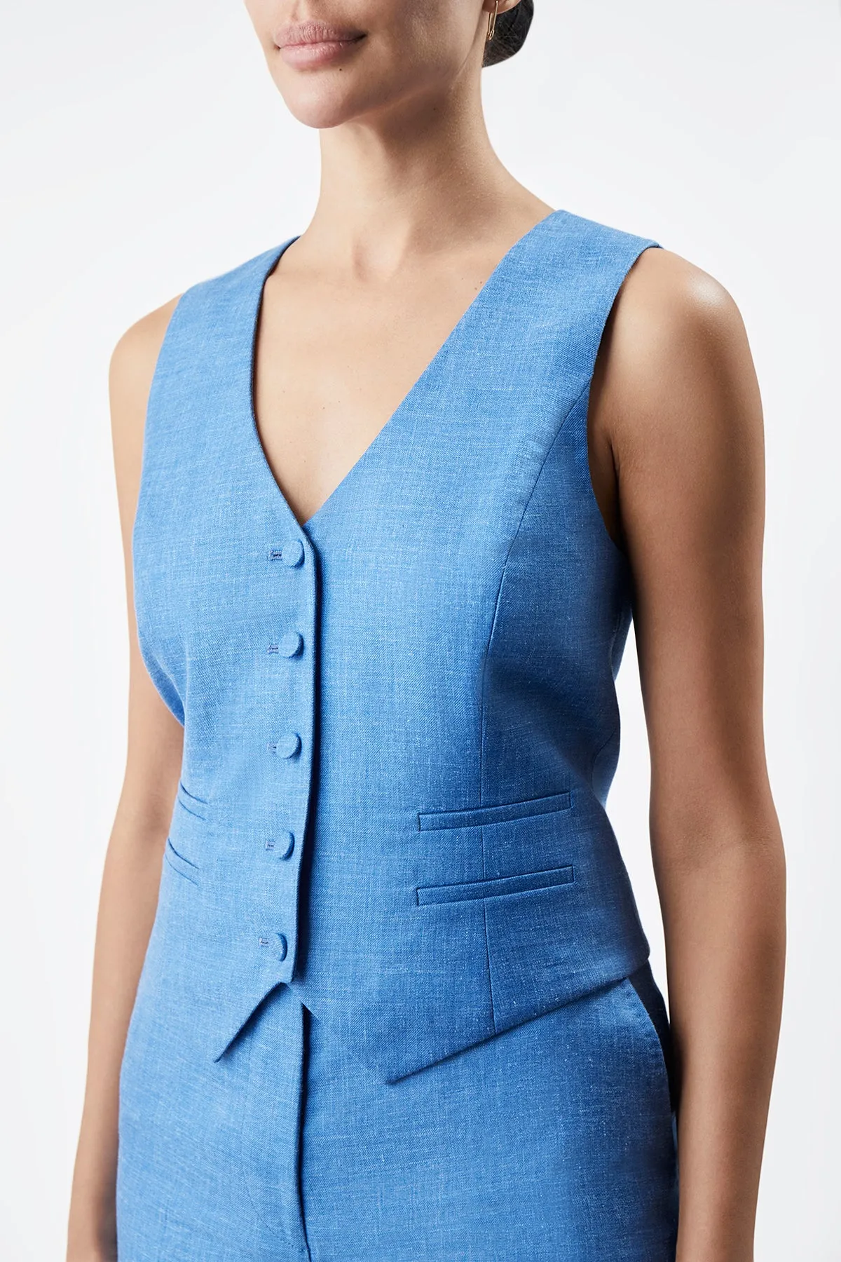 Coleridge Vest in Aventurine Blue Virgin Wool and Silk Linen Twill