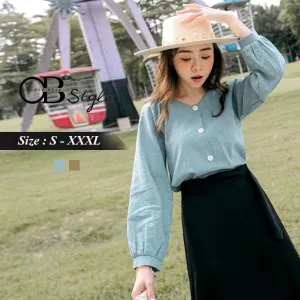 COTTON ELASTIC COLLAR BUTTONS PUFF SLEEVE TOPS