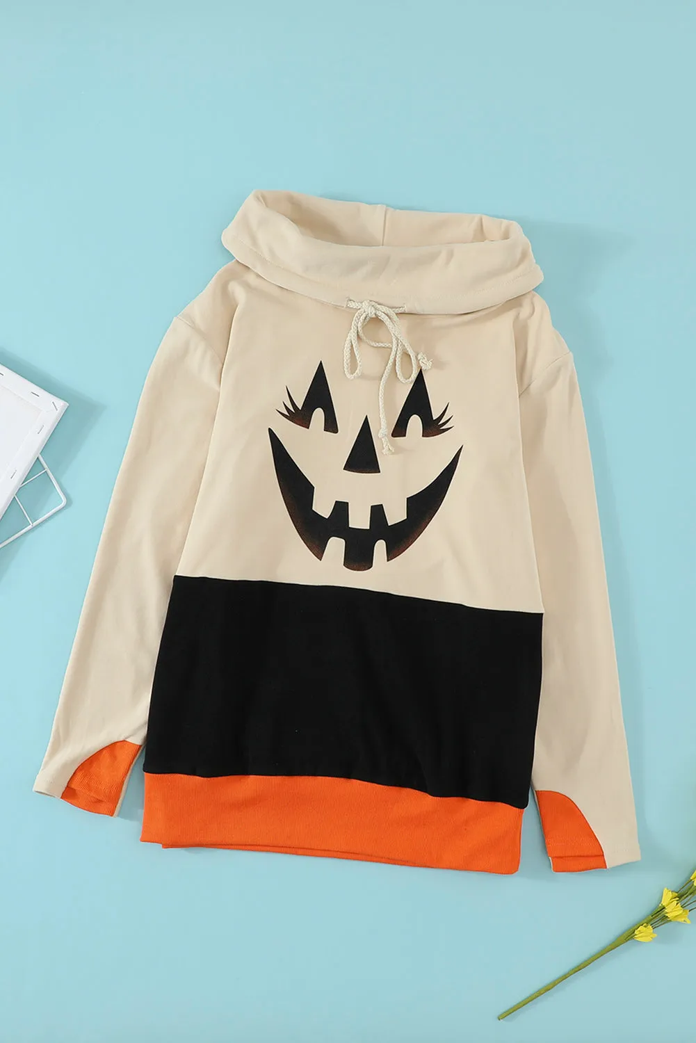 Cute Black Cowl Neck Pumpkin Print Color Block Halloween Sweatshirt