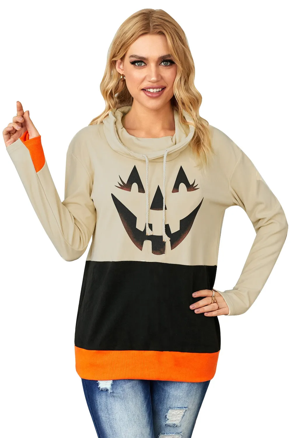 Cute Black Cowl Neck Pumpkin Print Color Block Halloween Sweatshirt