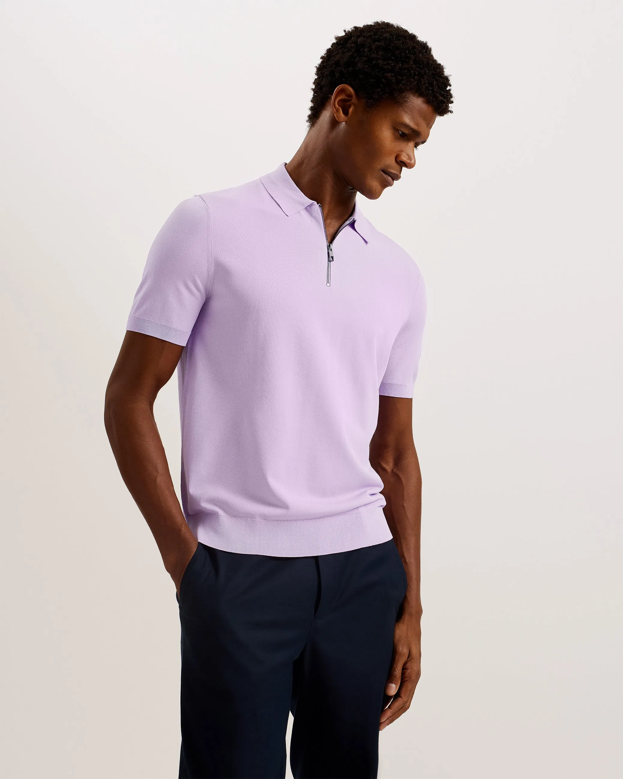 Daldin Short Sleeve Rayon Zip Polo Shirt Lilac