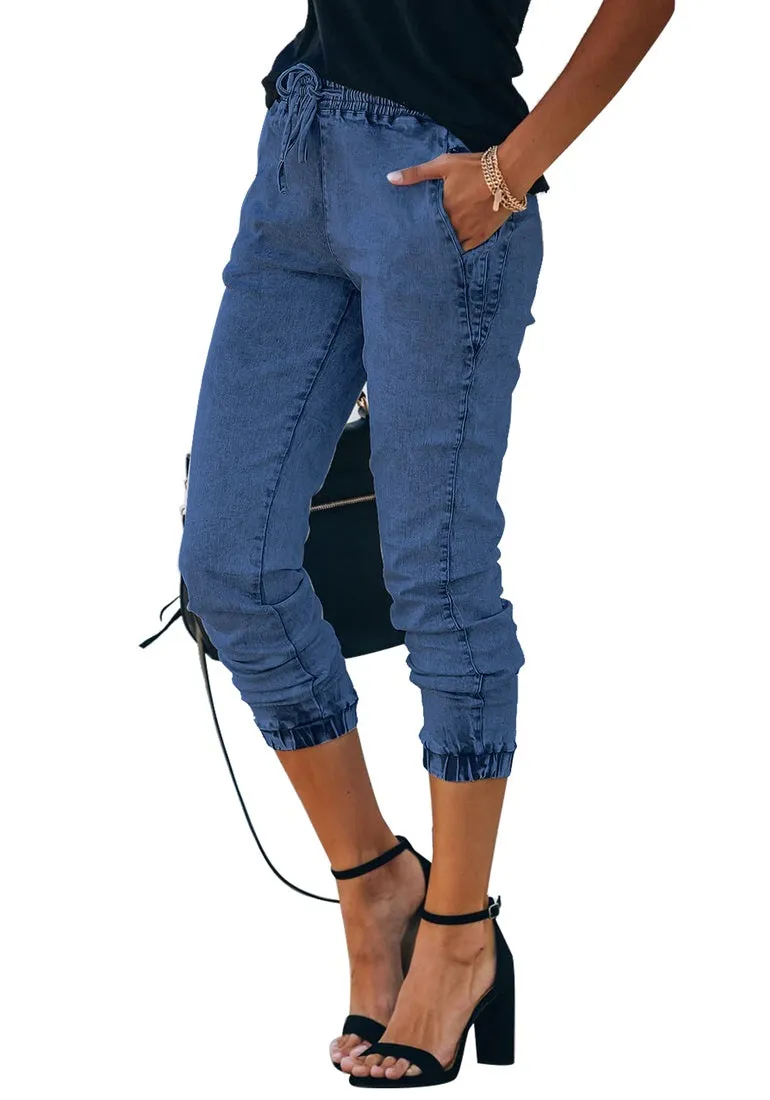 Dark Blue Elastic-Waist Welt Pocket Denim Jogger Pants