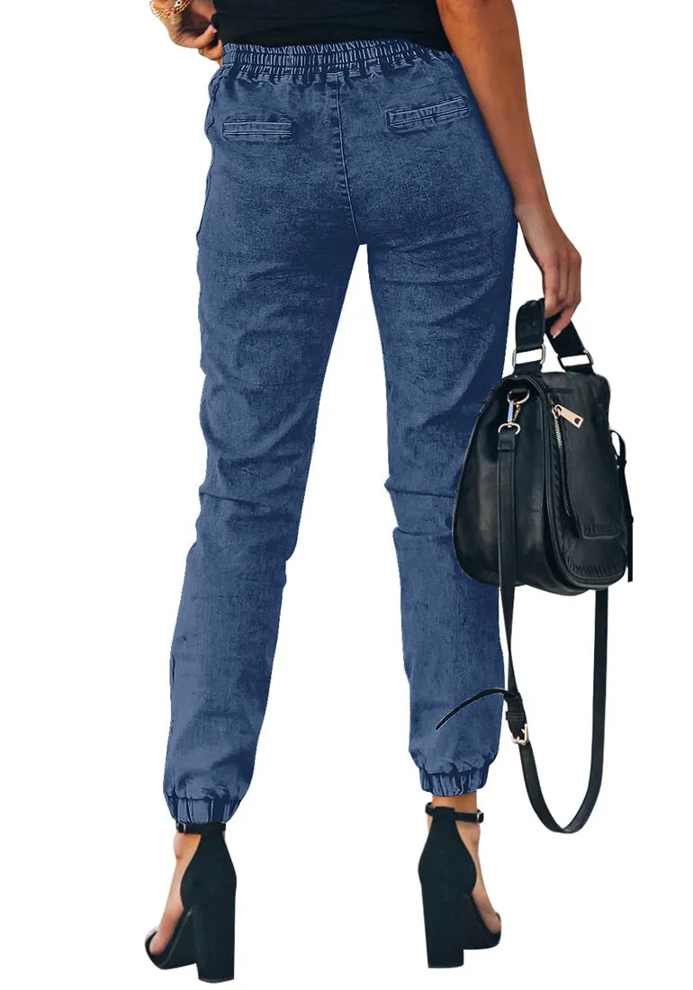 Dark Blue Elastic-Waist Welt Pocket Denim Jogger Pants