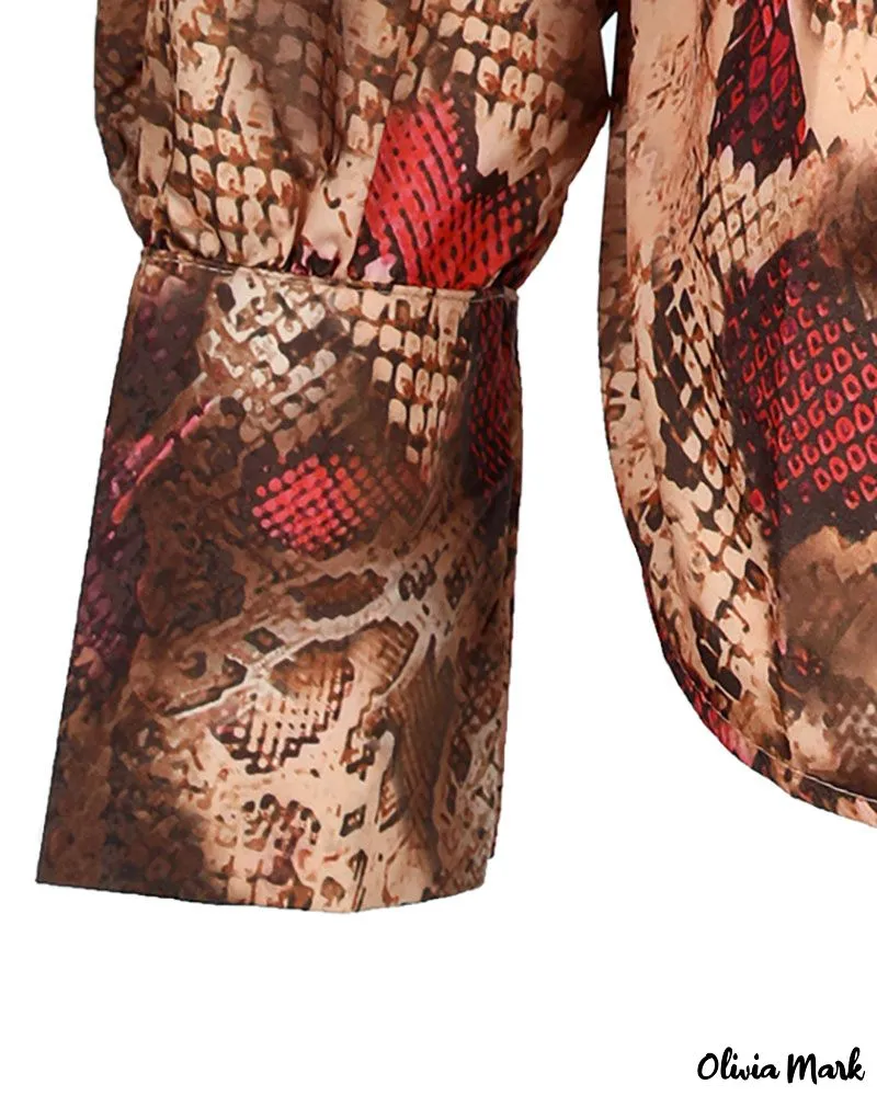 Deanwangkt - Snake Skin Pattern Cowl Neck Long Sleeve Blouse