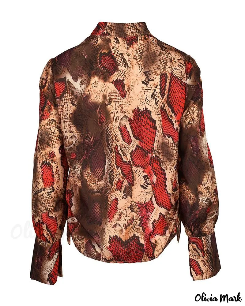 Deanwangkt - Snake Skin Pattern Cowl Neck Long Sleeve Blouse