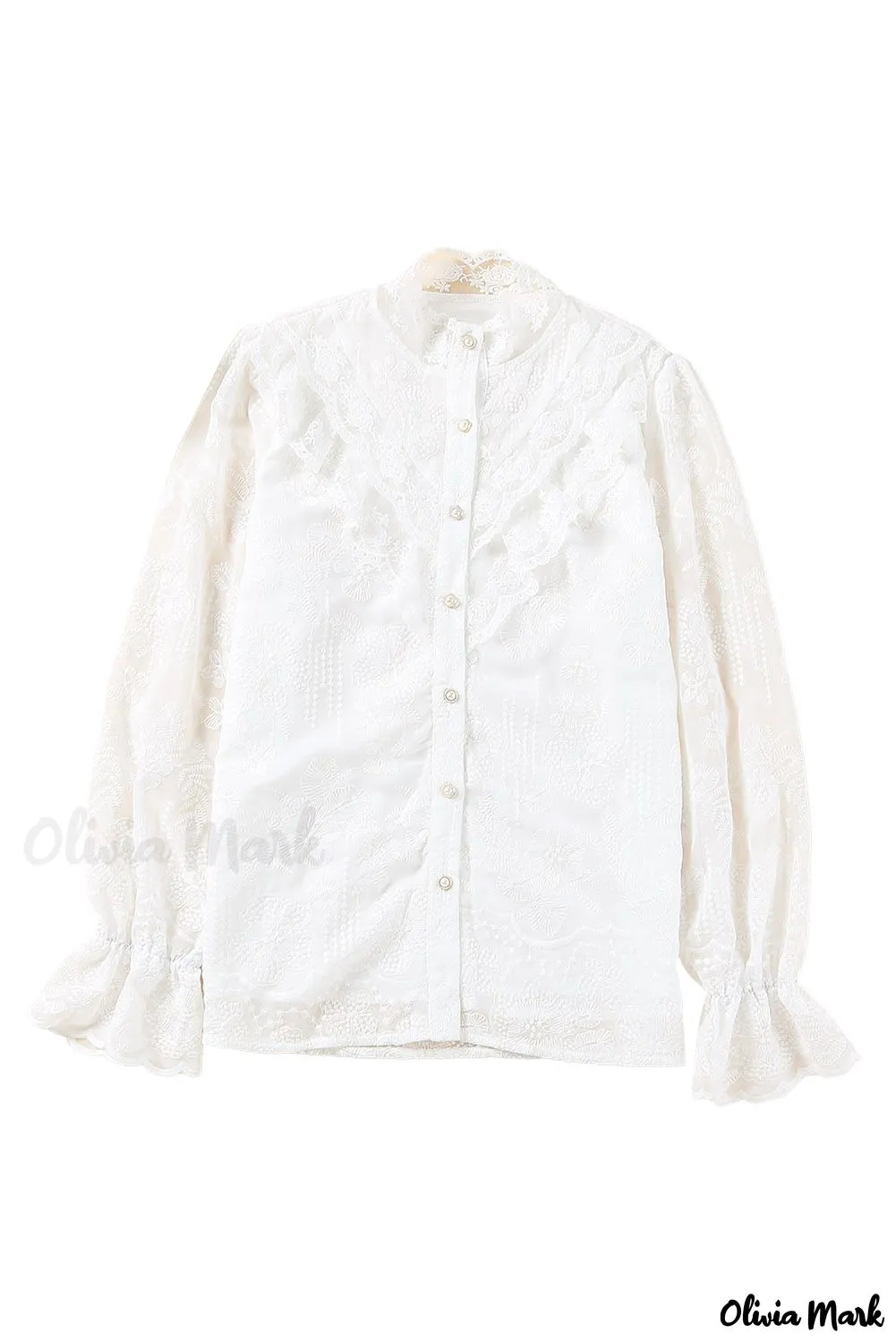 Deanwangkt - White Lace Embroidered Ruffled Button Down Long Sleeve Shirt