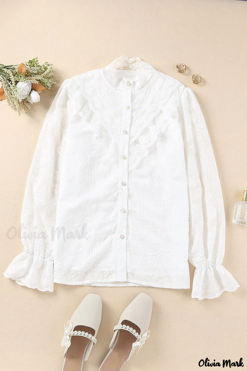 Deanwangkt - White Lace Embroidered Ruffled Button Down Long Sleeve Shirt