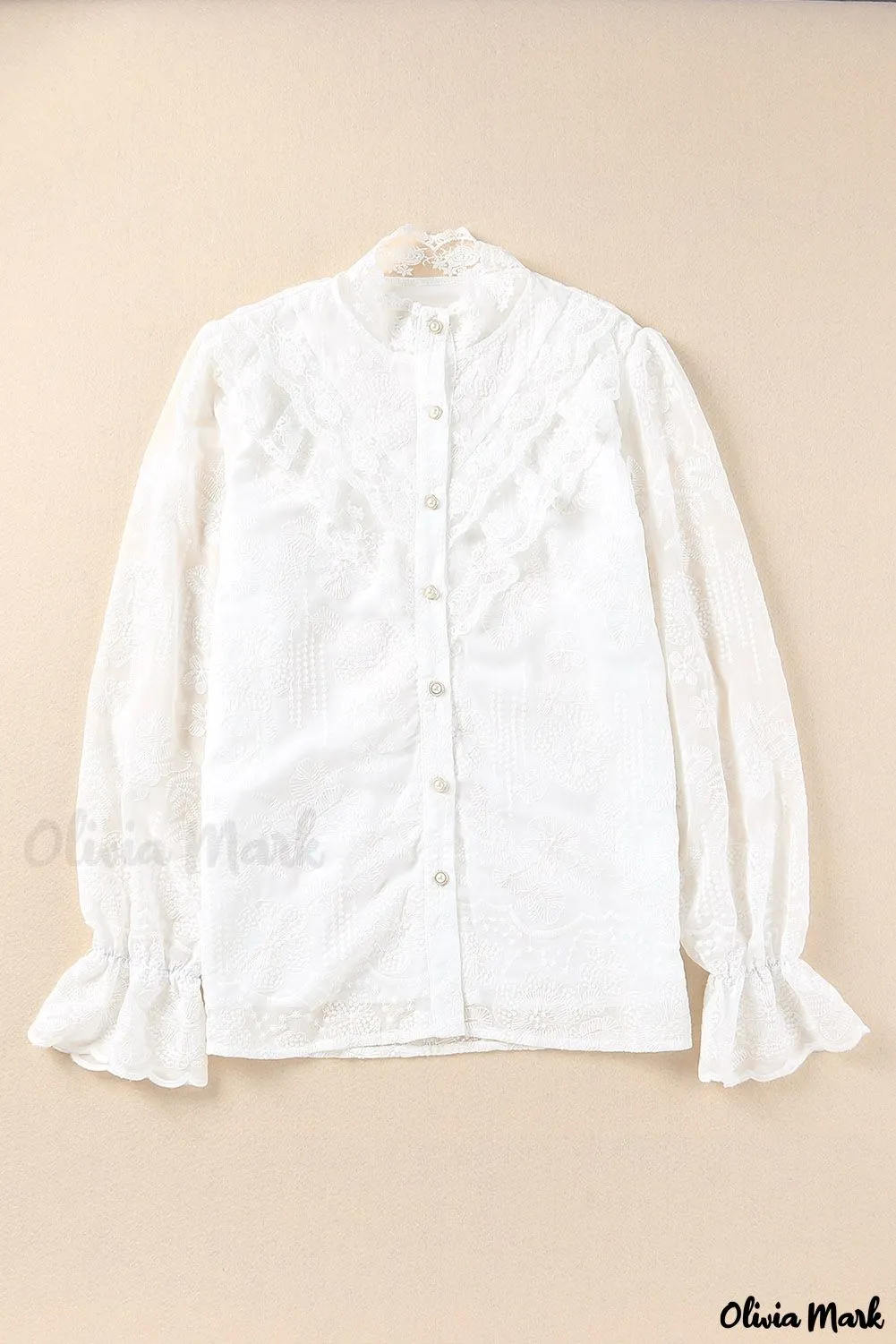 Deanwangkt - White Lace Embroidered Ruffled Button Down Long Sleeve Shirt