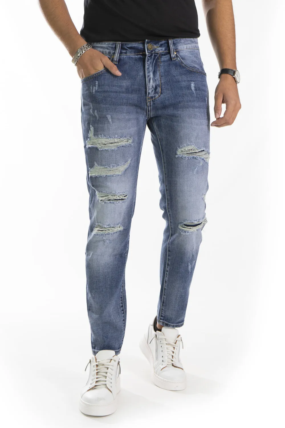 Jeans Uomo Con Strappi e Toppe Slim Fit Art. JS402