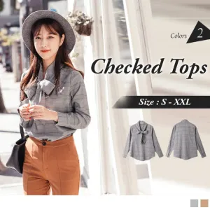 LONG SLEEVE CHECKED CHIFFON TOPS