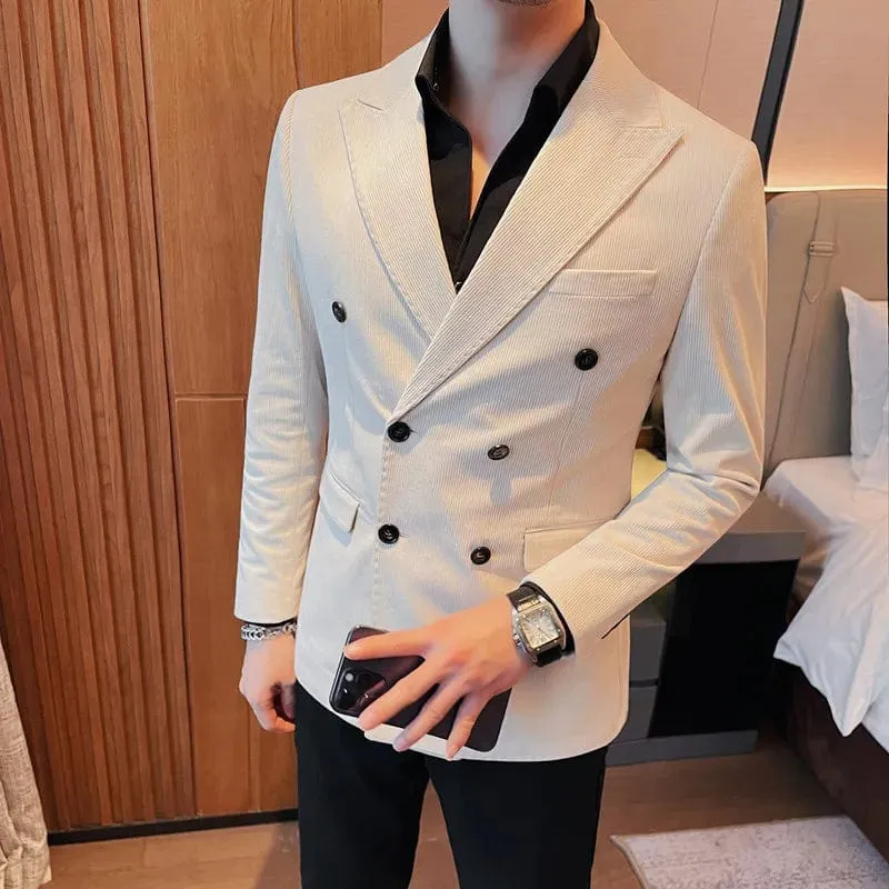 Luxury Double-Breasted Corduroy Blazer Jackets: Sleek Business Slim Fit with Casual Striped Suit Coats