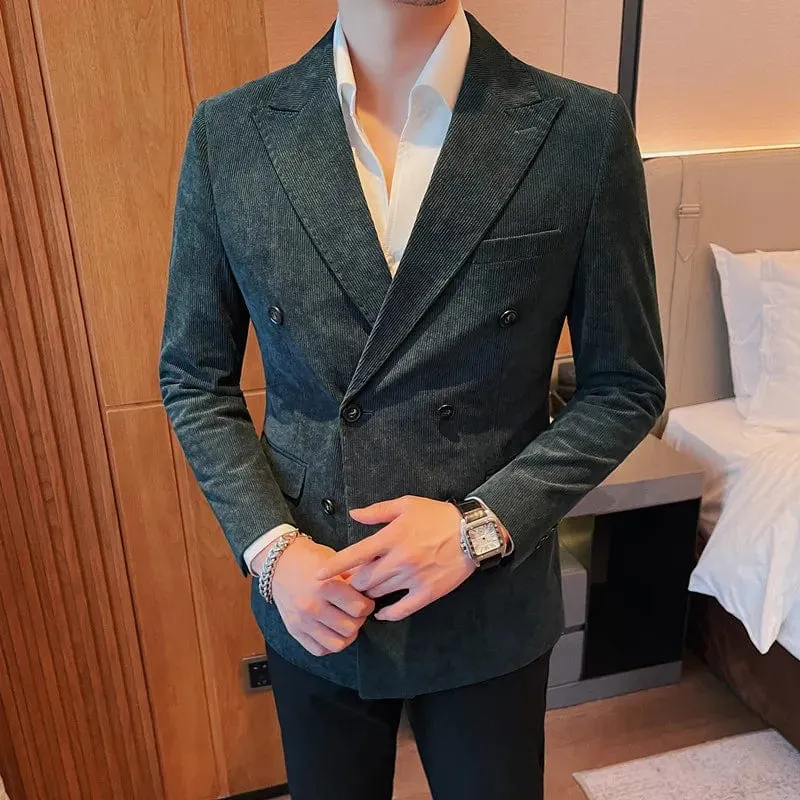 Luxury Double-Breasted Corduroy Blazer Jackets: Sleek Business Slim Fit with Casual Striped Suit Coats