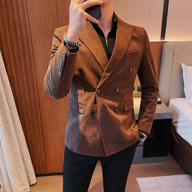 Luxury Double-Breasted Corduroy Blazer Jackets: Sleek Business Slim Fit with Casual Striped Suit Coats