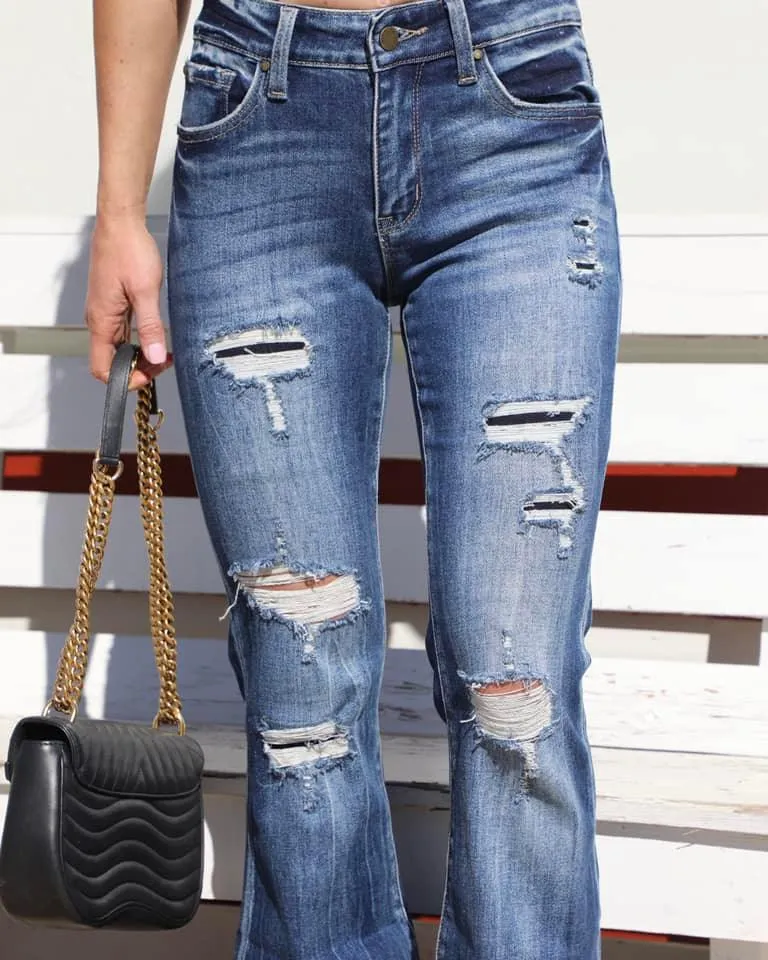 Madonna Mid-Rise Flare Distressed Patch Jeans