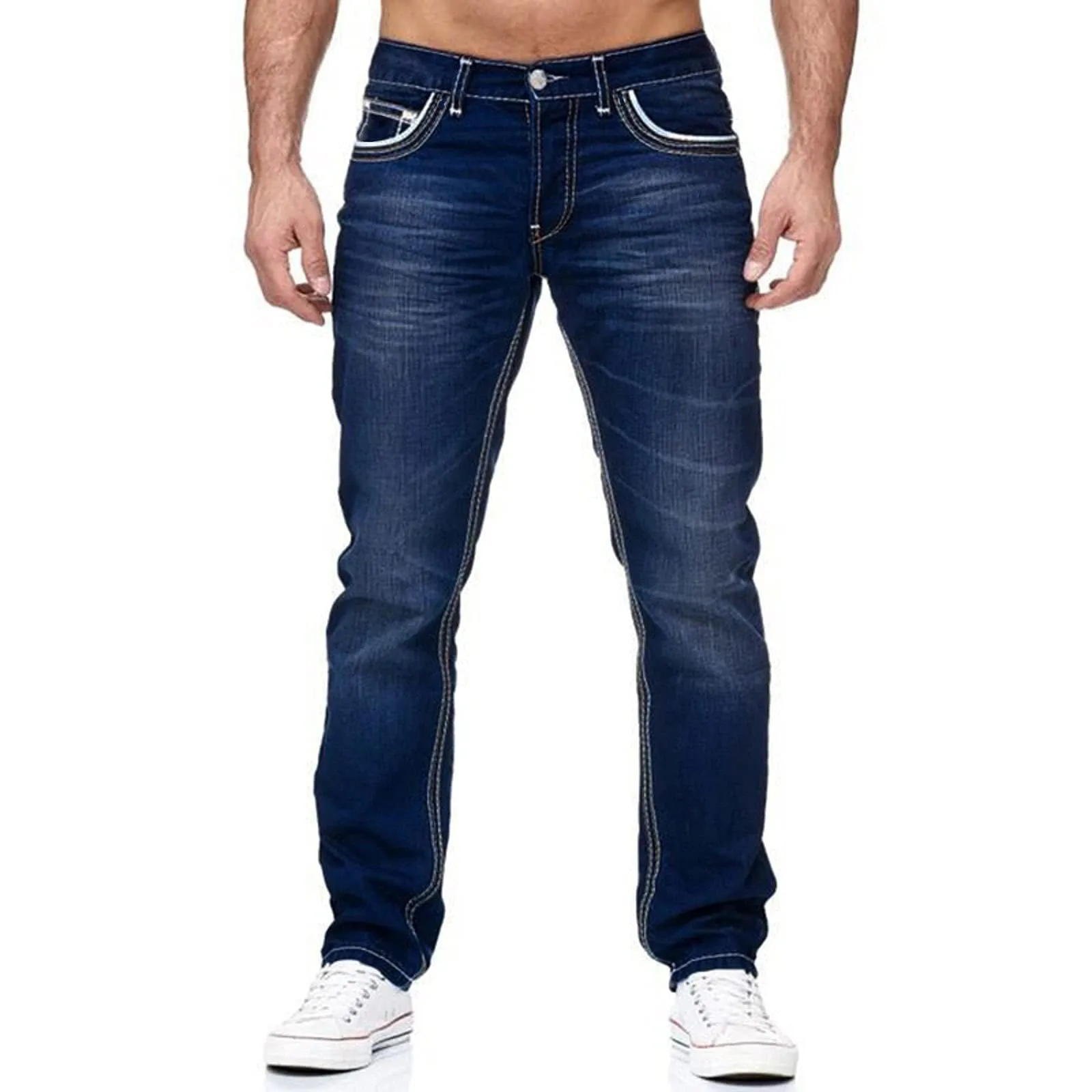 Men Jeans Solid Pockets Stretch Denim Straight Pants - MJN0054