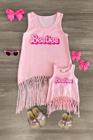 Mom & Me - "Besties" Pink Fringe Tank Top