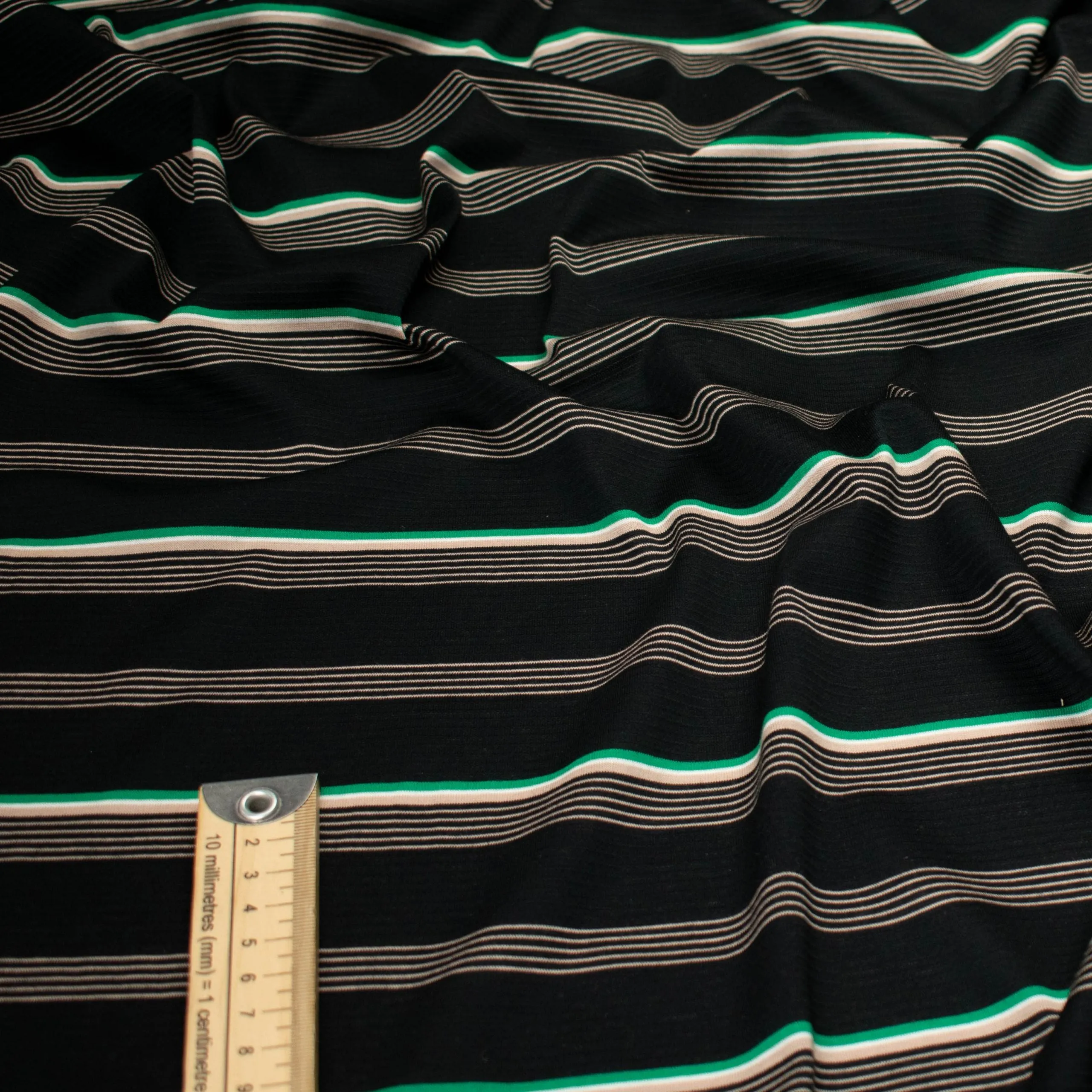 Printed Knits Design-126 Grey & Green Stripes on Black