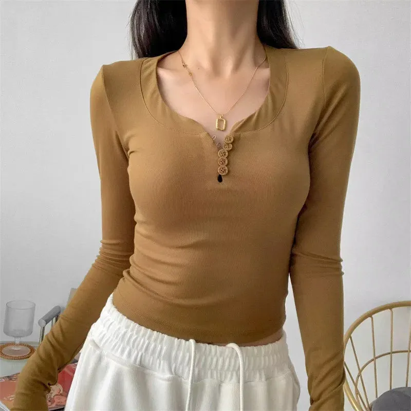 Slim Button V-Neck Long Sleeve Tee