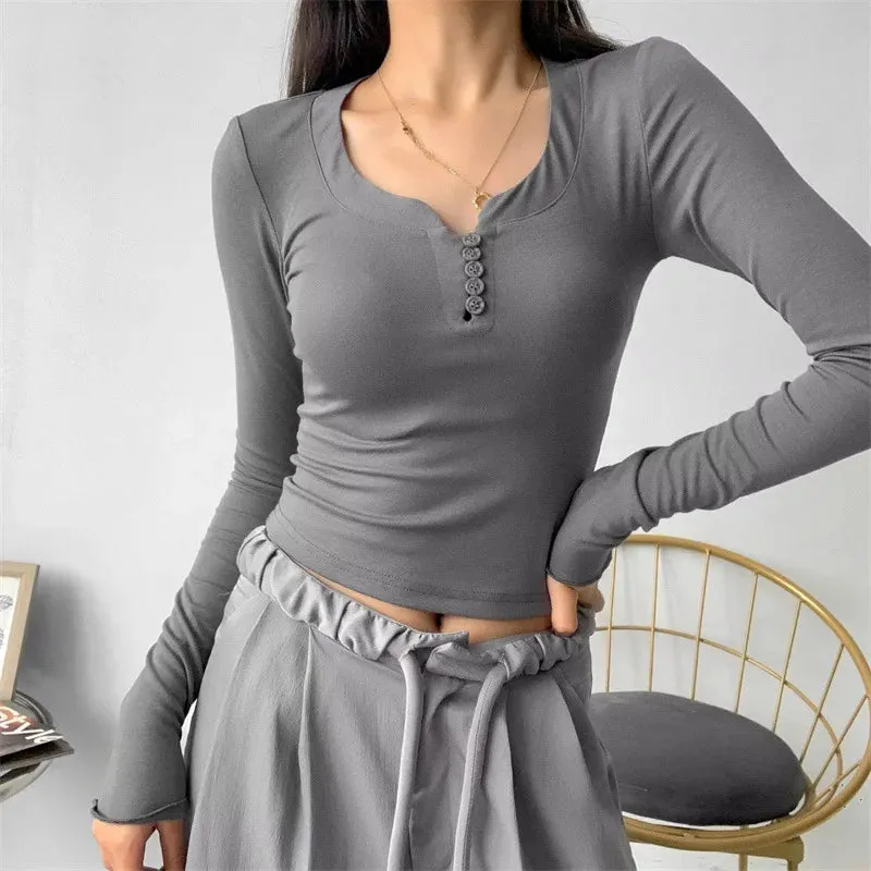 Slim Button V-Neck Long Sleeve Tee