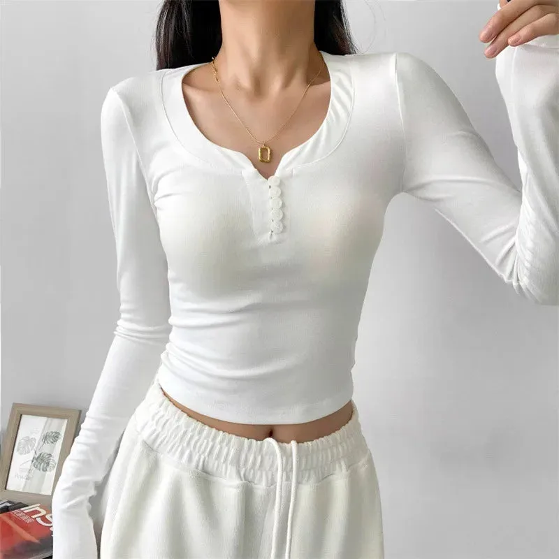 Slim Button V-Neck Long Sleeve Tee