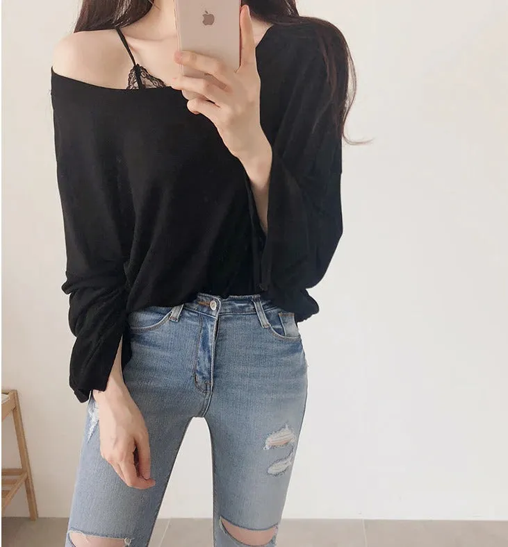 Spring Sexy Elastic Korean Style Skinny Slim Fit Long Sleeve Tops #2129