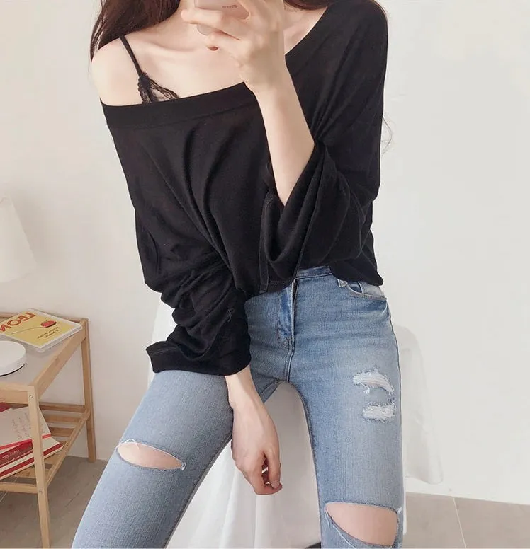 Spring Sexy Elastic Korean Style Skinny Slim Fit Long Sleeve Tops #2129