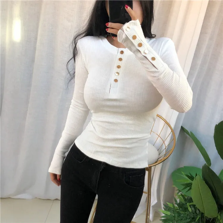 Spring Sexy Elastic Korean Style Skinny Slim Fit Long Sleeve Tops #2169