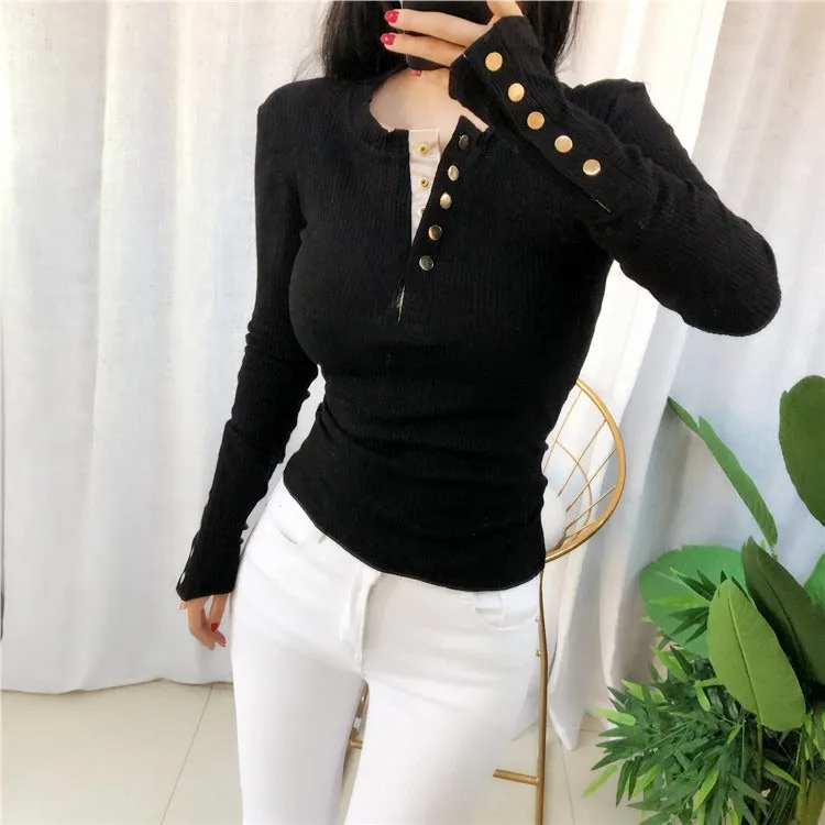 Spring Sexy Elastic Korean Style Skinny Slim Fit Long Sleeve Tops #2169