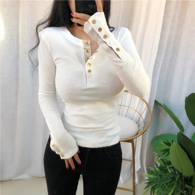 Spring Sexy Elastic Korean Style Skinny Slim Fit Long Sleeve Tops #2169