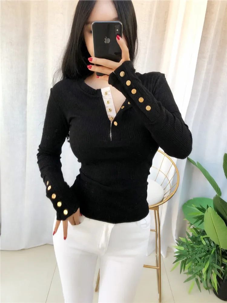 Spring Sexy Elastic Korean Style Skinny Slim Fit Long Sleeve Tops #2169