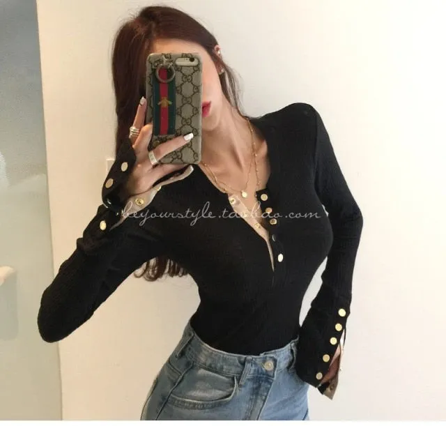 Spring Sexy Elastic Korean Style Skinny Slim Fit Long Sleeve Tops #2169