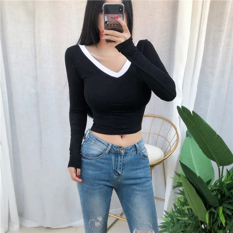 Spring Sexy Elastic Korean Style Skinny Slim Fit Long Sleeve Tops #2222