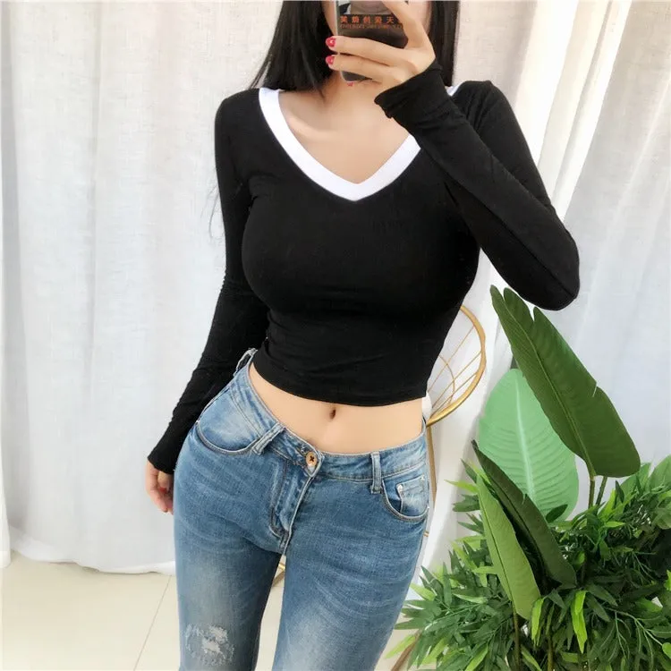 Spring Sexy Elastic Korean Style Skinny Slim Fit Long Sleeve Tops #2222