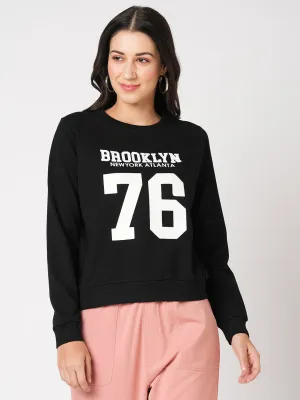 Women Slim Fit Black Printed Sweatshirt