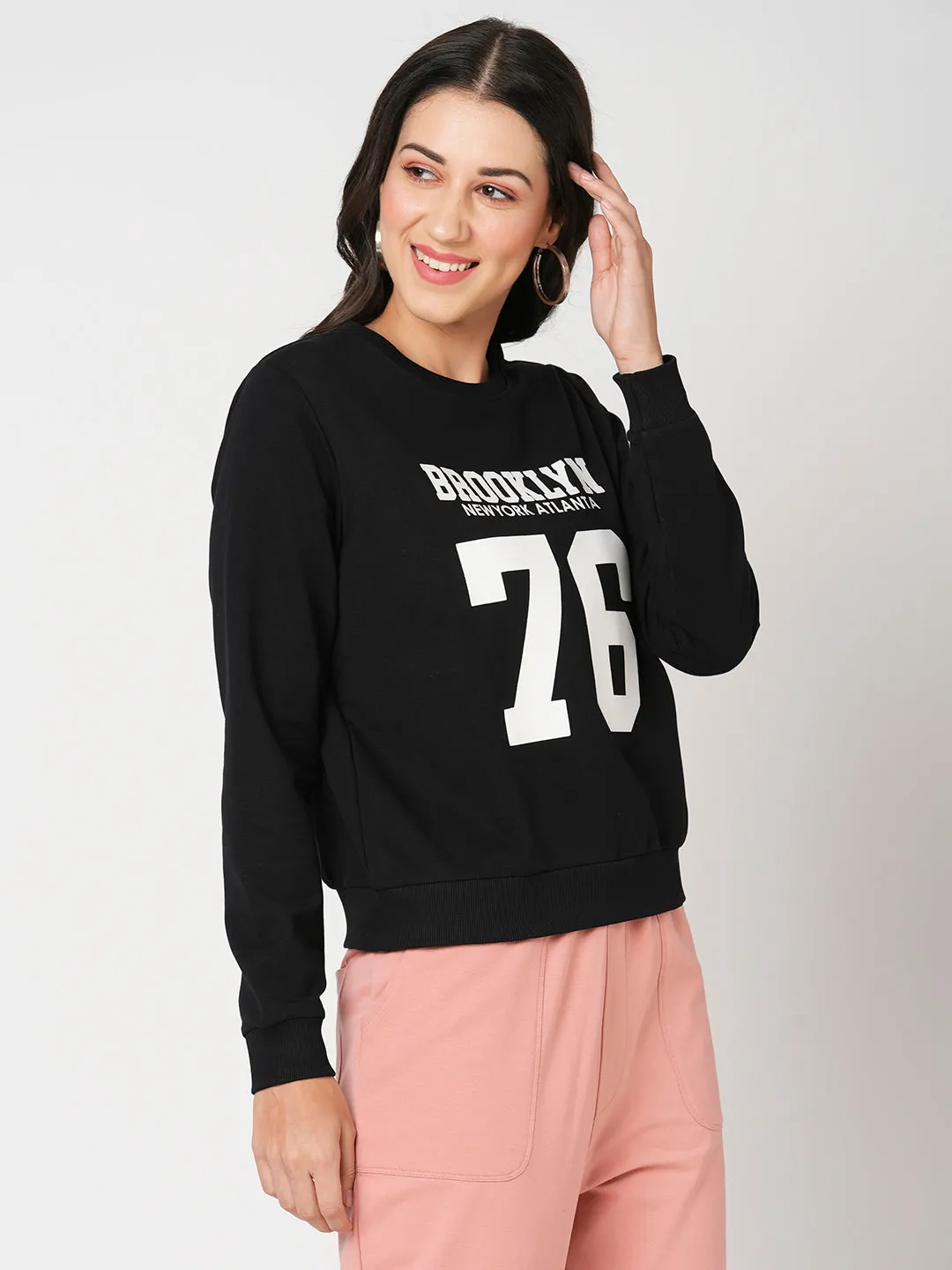 Women Slim Fit Black Printed Sweatshirt